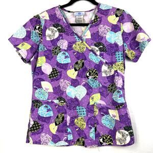 Scrubs Top Womens XS-Purple Floral/Leaves Motifs SS-100% Cotton Nurse Med Tech